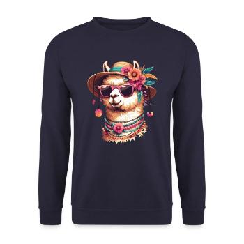 TSCHAKKA ALPAKA HIP TRENDY BLUME SONNENHUT FLOWER - Unisex Pullover - Navy - Vorne - Alina (178cm) & Michal (187cm)