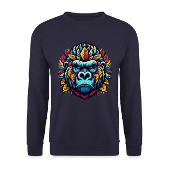 GORILLA AFFE TIER BUNT HERBST BLÄTTER ERNST WÜTEND - Unisex Pullover - Navy - Vorne - Alina (178cm) & Michal (187cm)