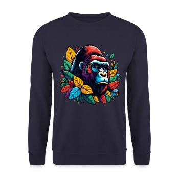 GORILLA AFFE TIER BUNT HERBST BLÄTTER ERNST WÜTEND - Unisex Pullover - Navy - Vorne - Alina (178cm) & Michal (187cm)