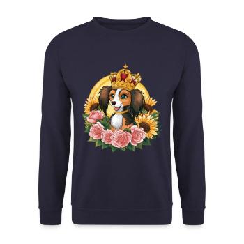 Sweet Nederlandse Kooikerhondje with crown, roses - Unisex Sweatshirt - navy - Front - Alina (178cm) & Michal (187cm)