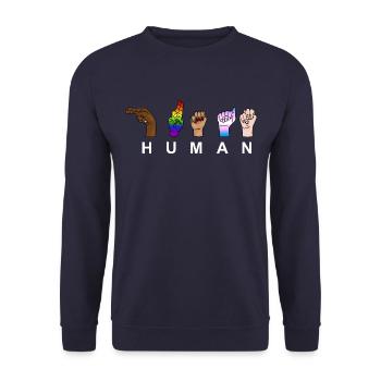 HUMAN RACE, Respect, Pride - Handzeichen - Unisex Sweatshirt - navy - Front - Alina (178cm) & Michal (187cm)