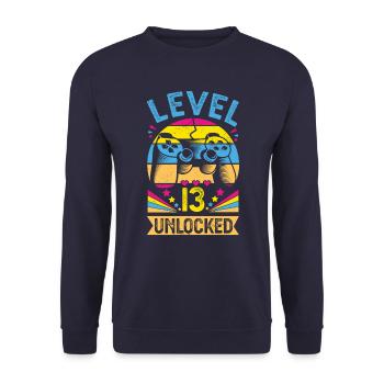 13. Geburtstag Shirt 13 Jahre Level 13 unlocked - Unisex Pullover - Navy - Vorne - Alina (178cm) & Michal (187cm)