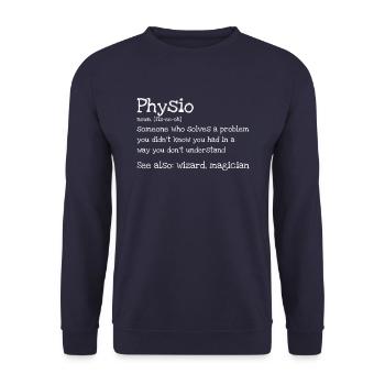 Physio Noun. Fiz-ee-oh - Unisex Pullover - Navy - Vorne - Alina (178cm) & Michal (187cm)