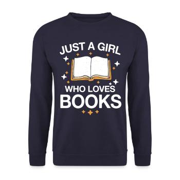 Bücher Buch lesen Bücherei Bibliothek Bücherwurm - Unisex Pullover - Navy - Vorne - Alina (178cm) & Michal (187cm)