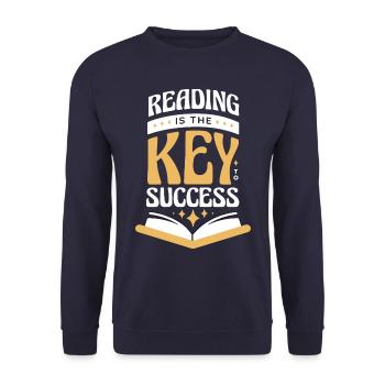 Bücher Buch lesen Bücherei Bibliothek Bücherwurm - Unisex Pullover - Navy - Vorne - Alina (178cm) & Michal (187cm)