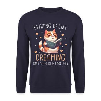 Bücher Buch lesen Bücherei Bibliothek Bücherwurm - Unisex Pullover - Navy - Vorne - Alina (178cm) & Michal (187cm)
