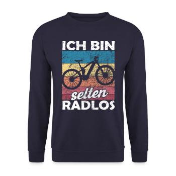 Ich bin selten Radlos - lustiger Spruch - Unisex Pullover - Navy - Vorne - Alina (178cm) & Michal (187cm)