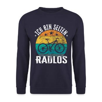 Ich bin selten Radlos - lustiger Spruch - Unisex Pullover - Navy - Vorne - Alina (178cm) & Michal (187cm)