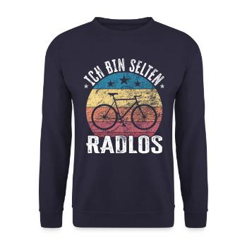 Ich bin selten Radlos - lustiger Spruch - Unisex Pullover - Navy - Vorne - Alina (178cm) & Michal (187cm)