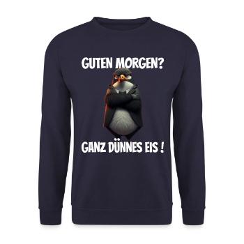 Guten Morgen? Ganz dünnes Eis! Lustiger Pinguin - Unisex Pullover - Navy - Vorne - Alina (178cm) & Michal (187cm)