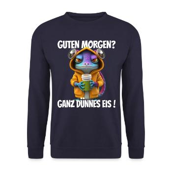Guten Morgen? Ganz dünnes Eis! Lustiger Gecko - Unisex Pullover - Navy - Vorne - Alina (178cm) & Michal (187cm)