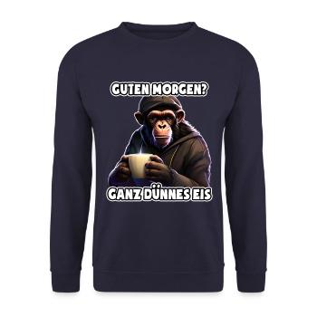 Ganz dünnes Eis - Morgenmuffel - lustiger Affe - Unisex Pullover - Navy - Vorne - Alina (178cm) & Michal (187cm)