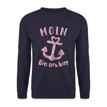 Moin bin neu hier Anker Baby Geburt Spruch - Unisex Pullover - Navy - Vorne - Alina (178cm) & Michal (187cm)