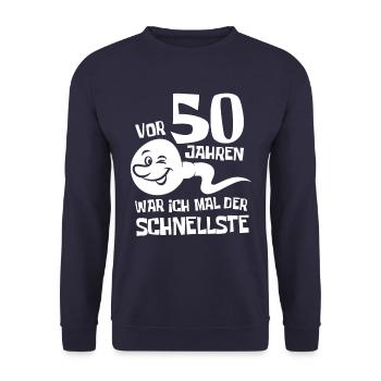 Vor 50 Jahren war ich mal der Schnellste Geschenk - Unisex Pullover - Navy - Vorne - Alina (178cm) & Michal (187cm)