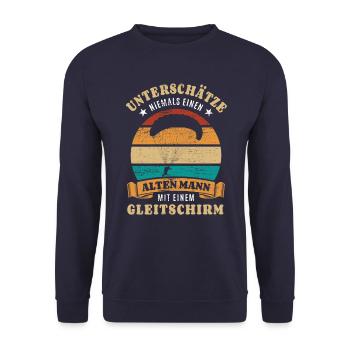 Unterschätze nie einen alten Mann mit Gleitschirm - Unisex Pullover - Navy - Vorne - Alina (178cm) & Michal (187cm)