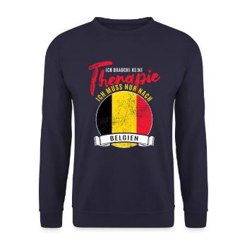 Ich brauche keine Therapie ich muss nach Belgien - Unisex Pullover - Navy - Vorne - Alina (178cm) & Michal (187cm)