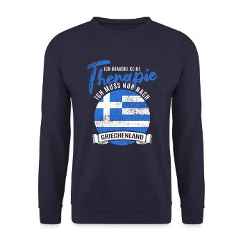 Ich brauch keine Therapie muss nach Griechenland - Unisex Pullover - Navy - Vorne - Alina (178cm) & Michal (187cm)