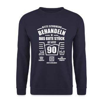 Schonend behandeln - 90. Geburtstag Geschenk - Unisex Pullover - Navy - Vorne - Alina (178cm) & Michal (187cm)