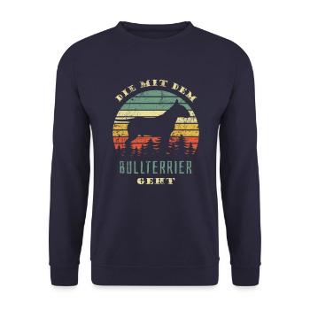 Die mit dem Bullterrier geht - Gassi gehen - Unisex Pullover - Navy - Vorne - Alina (178cm) & Michal (187cm)