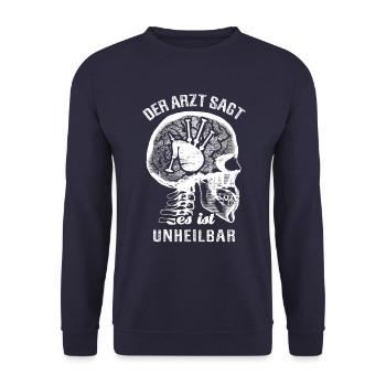 Der Arzt sagt es ist unheilbar - Dudelsack - Unisex Pullover - Navy - Vorne - Alina (178cm) & Michal (187cm)