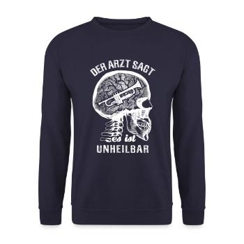 Der Arzt sagt es ist unheilbar - Trompete - Unisex Pullover - Navy - Vorne - Alina (178cm) & Michal (187cm)