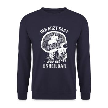 Der Arzt sagt es ist unheilbar - Springreiten - Unisex Pullover - Navy - Vorne - Alina (178cm) & Michal (187cm)