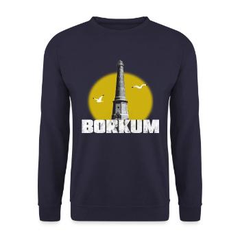 Borkum Neuer Leuchtturm weiss mit Sonne Shirt - Unisex Pullover - Navy - Vorne - Alina (178cm) & Michal (187cm)