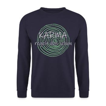 Karma regelt das schon - Unisex Pullover - Navy - Vorne - Alina (178cm) & Michal (187cm)