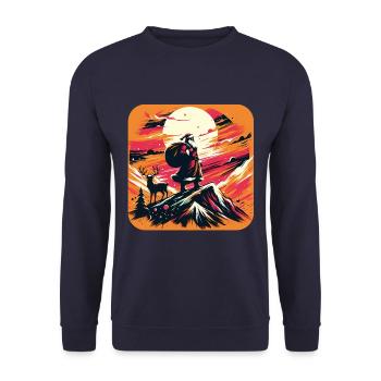 Weihnachtsmann mit Rentier im Gebirge - Unisex Pullover - Navy - Vorne - Alina (178cm) & Michal (187cm)