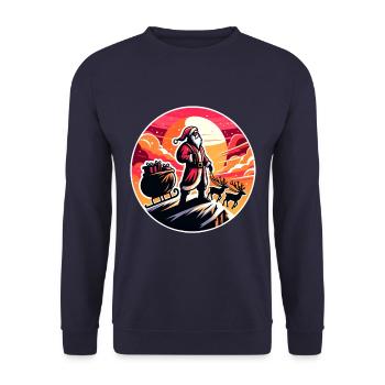 Weihnachtsmann mit Rentier im Gebirge - Unisex Pullover - Navy - Vorne - Alina (178cm) & Michal (187cm)