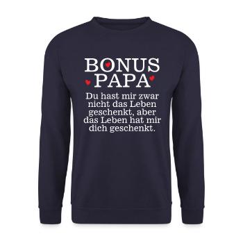 BONUS PAPA - STIEFVATER - VATERTAG - VALENTINSTAG - Unisex Pullover - Navy - Vorne - Alina (178cm) & Michal (187cm)