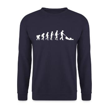 Mann mäht Rasen EVOLUTION Kleingarten Rasenmäher - Unisex Pullover - Navy - Vorne - Alina (178cm) & Michal (187cm)