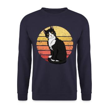 Tuxedo Katze Retro Sonnenuntergang Vintage Cat Lad - Unisex Pullover - Navy - Vorne - Alina (178cm) & Michal (187cm)