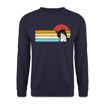 Tuxedo Katze Retro Sonnenuntergang Vintage Cat Lad - Unisex Pullover - Navy - Vorne - Alina (178cm) & Michal (187cm)