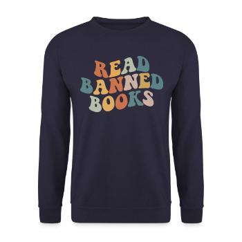 Lesen Sie verbotene B�cher B�cherwurm Retro verbot - Unisex Pullover - Navy - Vorne - Alina (178cm) & Michal (187cm)