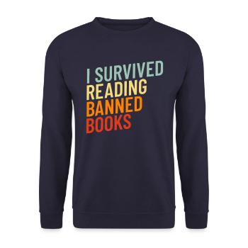 Ich �berlebte das Lesen verbotene B�cher Retro ver - Unisex Pullover - Navy - Vorne - Alina (178cm) & Michal (187cm)