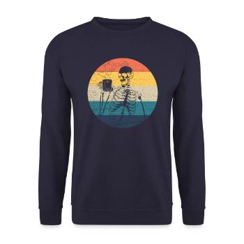 Skelett Kaffee Retro Halloween Skelettkaffee - Unisex Pullover - Navy - Vorne - Alina (178cm) & Michal (187cm)