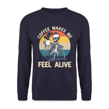 Kaffee f�hle mich lebendig Skelettkaffee - Unisex Pullover - Navy - Vorne - Alina (178cm) & Michal (187cm)