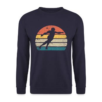 Roller Skaten Retro Sunset Roller Derby FrauenRoll - Unisex Pullover - Navy - Vorne - Alina (178cm) & Michal (187cm)