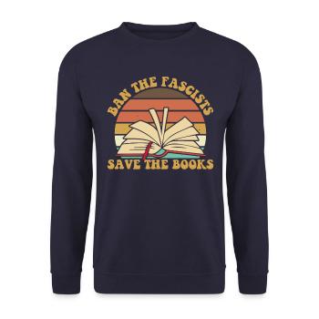 Verbot die Faschisten retten die B�cher Retro verb - Unisex Pullover - Navy - Vorne - Alina (178cm) & Michal (187cm)