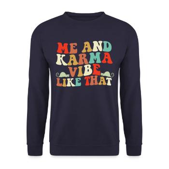 Ich und Karma -Atmobe wie diese Katzen Retro Karma - Unisex Pullover - Navy - Vorne - Alina (178cm) & Michal (187cm)