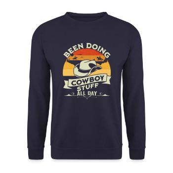 Ich habe den ganzen Tag Cowboy -Sachen Retro Sunse - Unisex Pullover - Navy - Vorne - Alina (178cm) & Michal (187cm)
