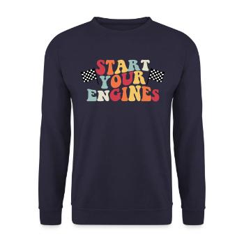 Starten Sie Ihren Motor Racer Retro Racing Start M - Unisex Pullover - Navy - Vorne - Alina (178cm) & Michal (187cm)