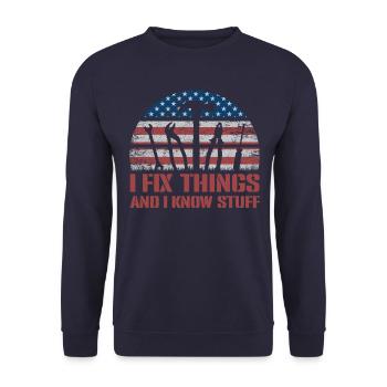 Ich repariere Dinge und ich weiß Dingeich reparier - Unisex Pullover - Navy - Vorne - Alina (178cm) & Michal (187cm)