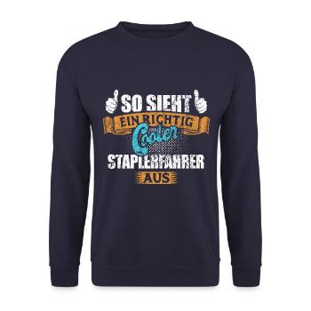 So sieht ein richtig cooler Staplerfahrer aus - Unisex Pullover - Navy - Vorne - Alina (178cm) & Michal (187cm)