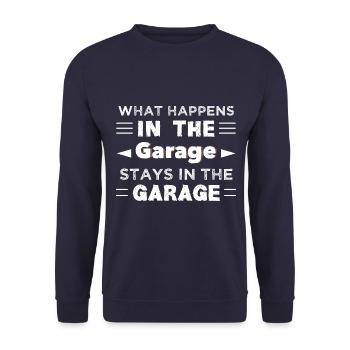 What happens in the garage stays in the garage - Unisex Sweatshirt - navy - Front - Alina (178cm) & Michal (187cm)