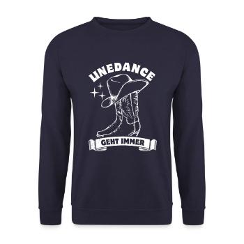 Linedance geht immer - Linedance Fan - Spruch - Unisex Pullover - Navy - Vorne - Alina (178cm) & Michal (187cm)