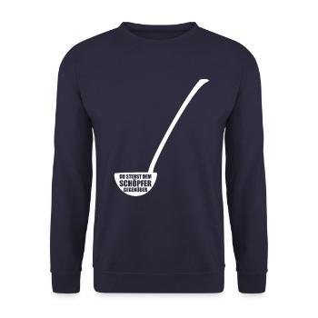 Du stehst dem Schöpfer gegenüber - Wortspiel - Unisex Pullover - Navy - Vorne - Alina (178cm) & Michal (187cm)
