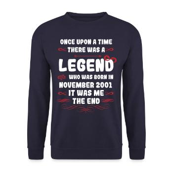 Es war einmal eine Legende. November 2001 Geburtst - Unisex Pullover - Navy - Vorne - Alina (178cm) & Michal (187cm)