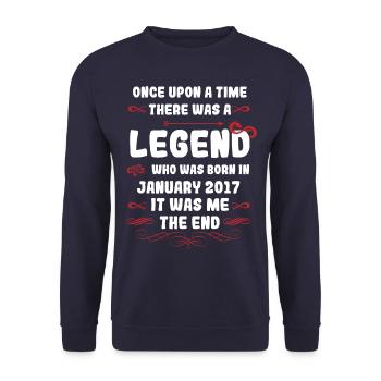 Es war einmal eine Legende. Januar 2017 Geburtstag - Unisex Pullover - Navy - Vorne - Alina (178cm) & Michal (187cm)